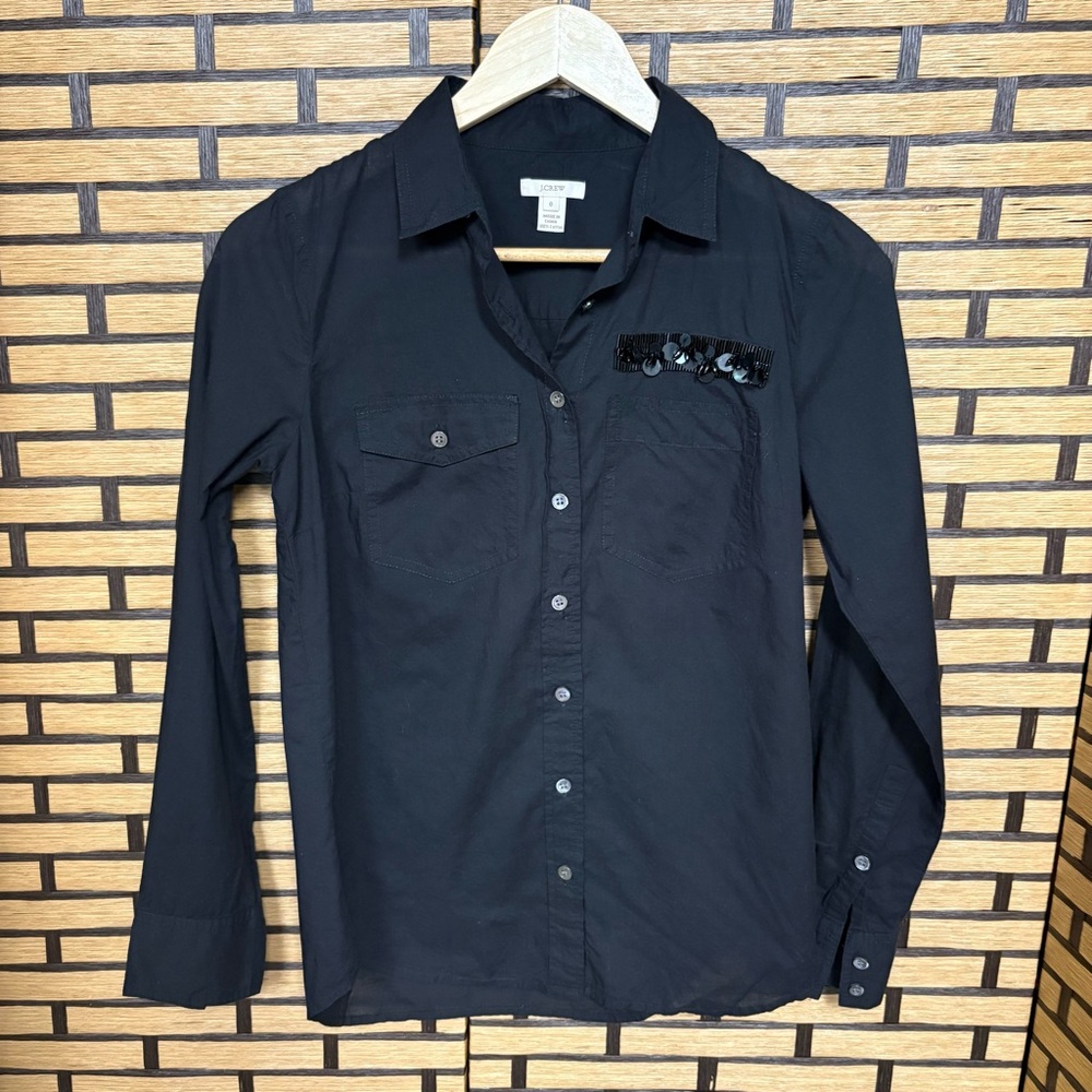 J. Crew Black Sequin Detail Pocket Button Down Shirt Size 0‎